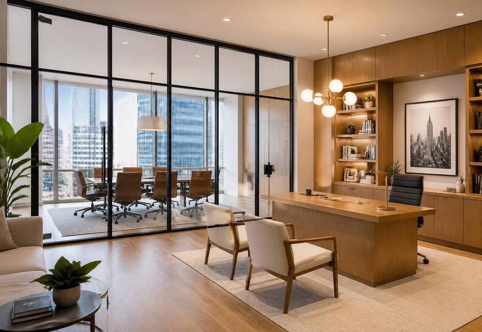 Completed corporate office interior with oak millwork, glass partitions and brass lighting in Chicago