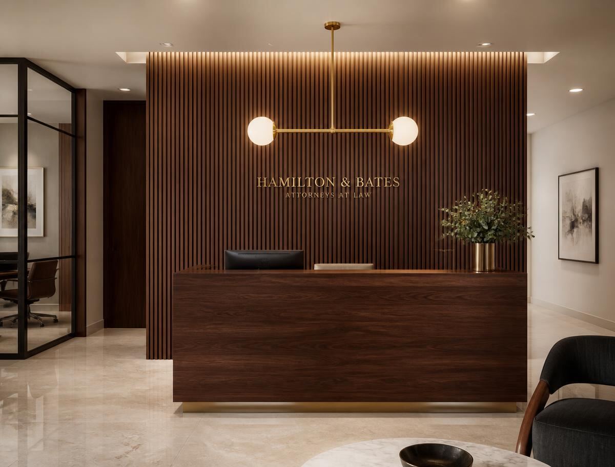 Walnut reception desk and fluted wood feature wall in a Chicago law firm