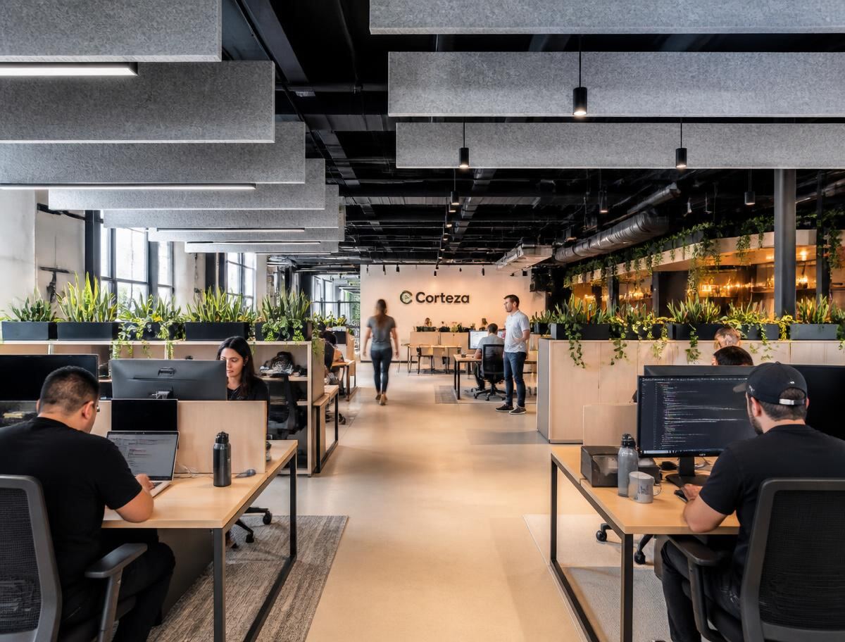 Open plan technology workspace with acoustic ceiling baffles and oak desks