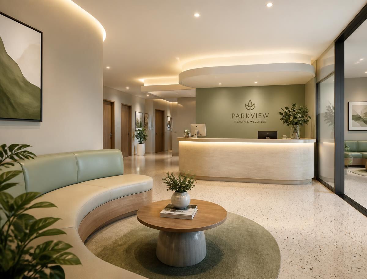Calm sage and cream medical clinic waiting room with curved seating