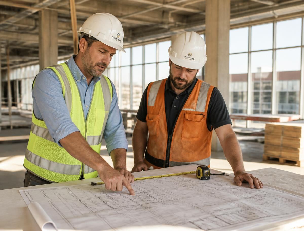 Lion & Jo project manager reviewing construction drawings with a trade contractor on site